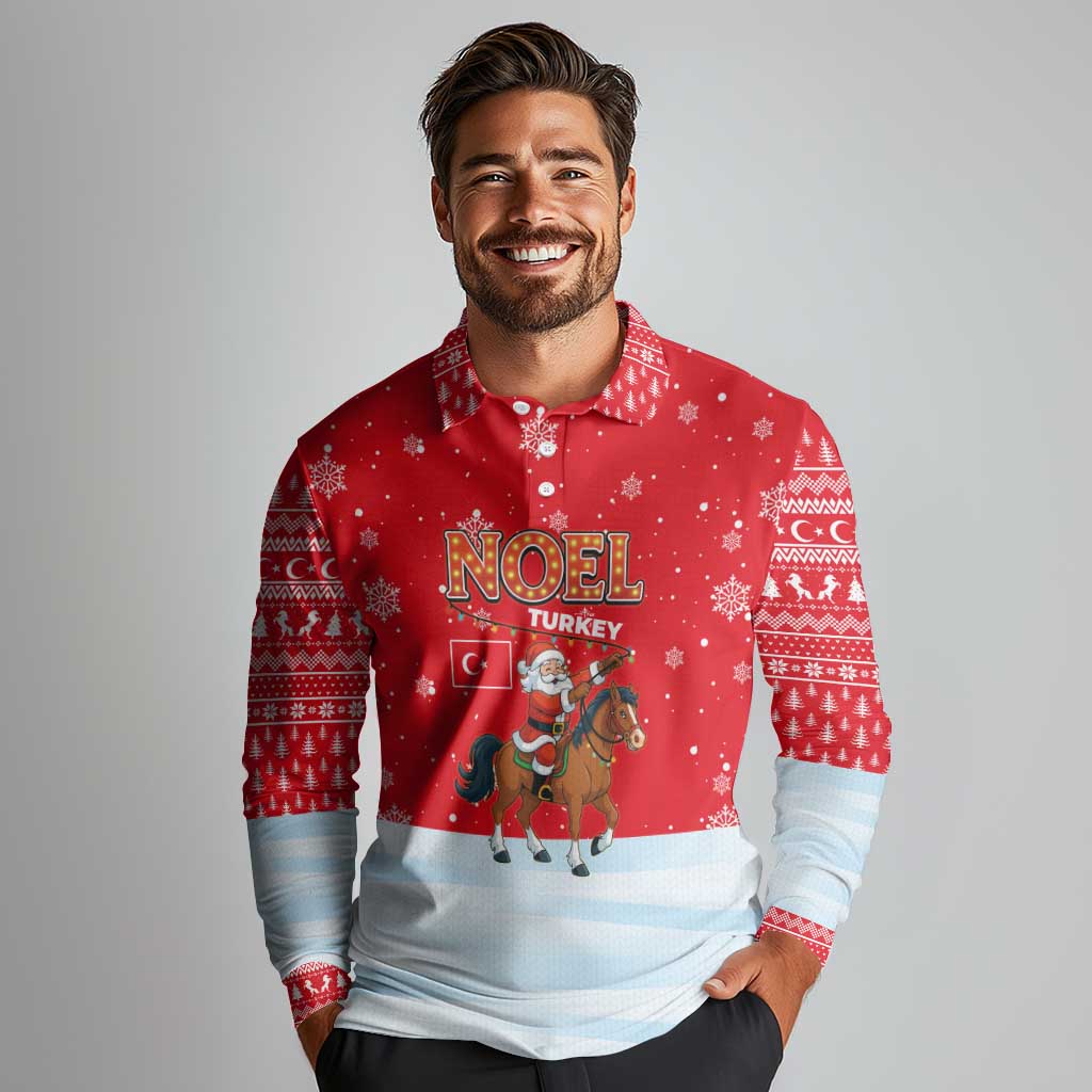 Turkey Christmas Long Sleeve Polo Shirt with Santa on Horse Red Snowflake Pattern and Crescent Star - Wonder Print Shop