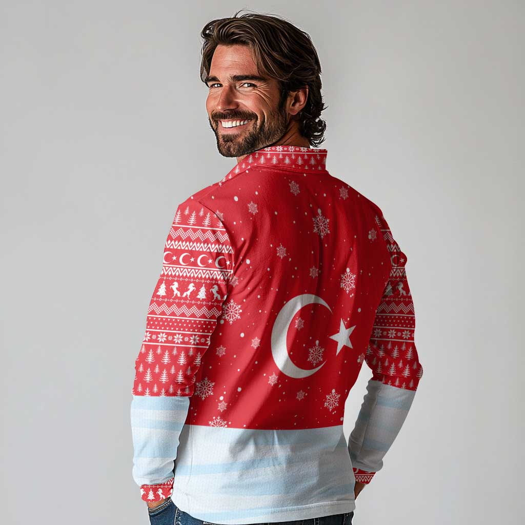 Turkey Christmas Long Sleeve Polo Shirt with Santa on Horse Red Snowflake Pattern and Crescent Star - Wonder Print Shop