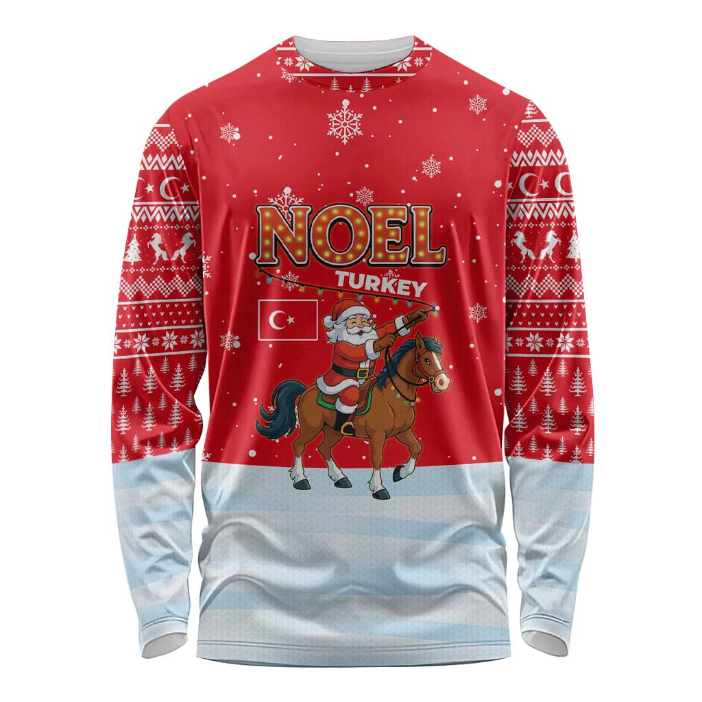 Turkey Christmas Long Sleeve Shirt with Santa on Horse Red Snowflake Pattern and Crescent Star - Wonder Print Shop