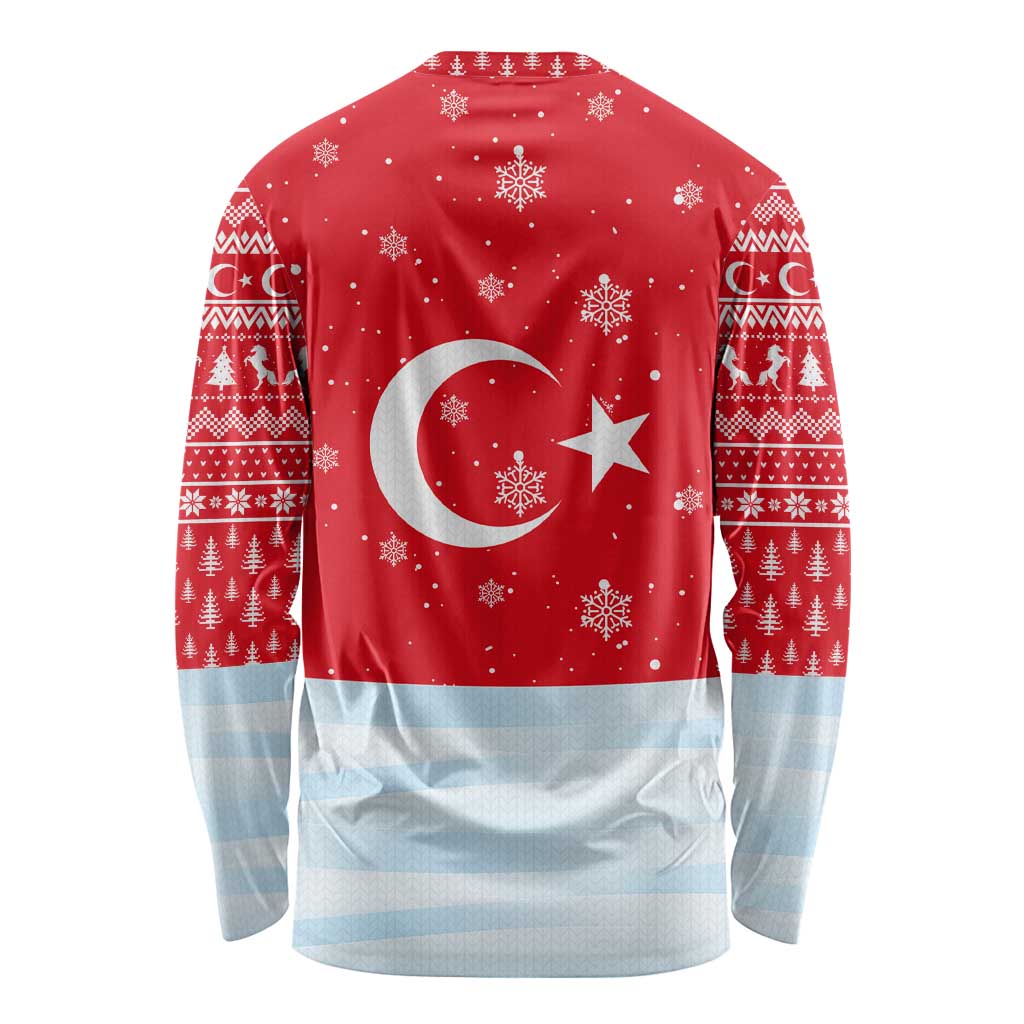 Turkey Christmas Long Sleeve Shirt with Santa on Horse Red Snowflake Pattern and Crescent Star - Wonder Print Shop