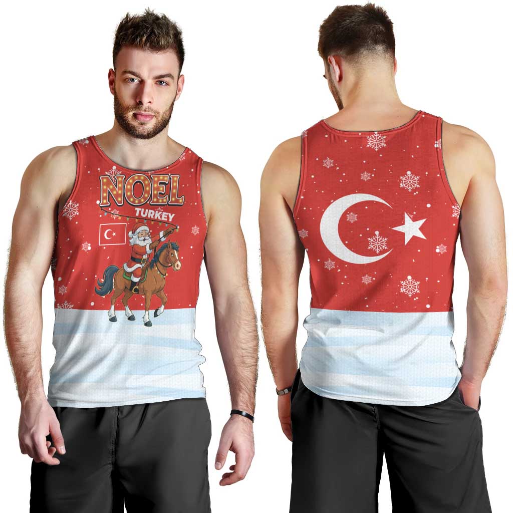 Turkey Christmas Men Tank Top with Santa on Horse Red Snowflake Pattern and Crescent Star - Wonder Print Shop