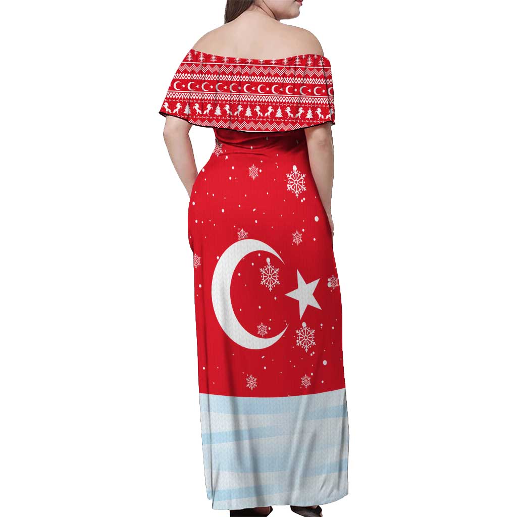 Turkey Christmas Off Shoulder Maxi Dress with Santa on Horse Red Snowflake Pattern and Crescent Star - Wonder Print Shop