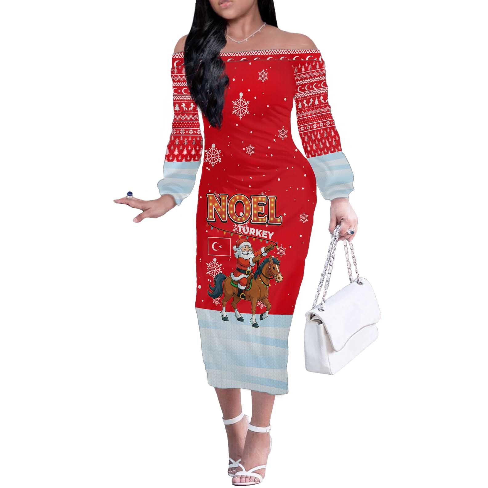 Turkey Christmas Off The Shoulder Long Sleeve Dress with Santa on Horse Red Snowflake Pattern and Crescent Star - Wonder Print Shop