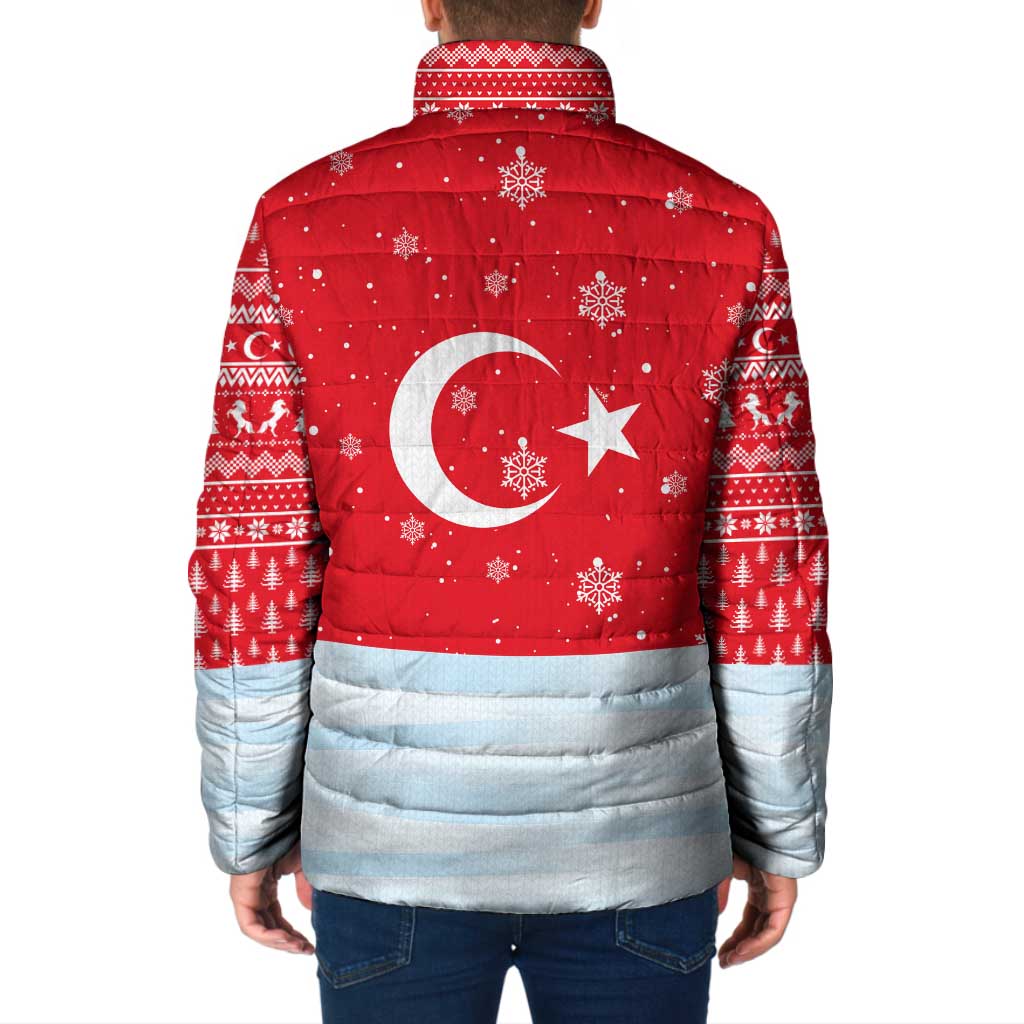 Turkey Christmas Padded Jacket with Santa on Horse Red Snowflake Pattern and Crescent Star - Wonder Print Shop