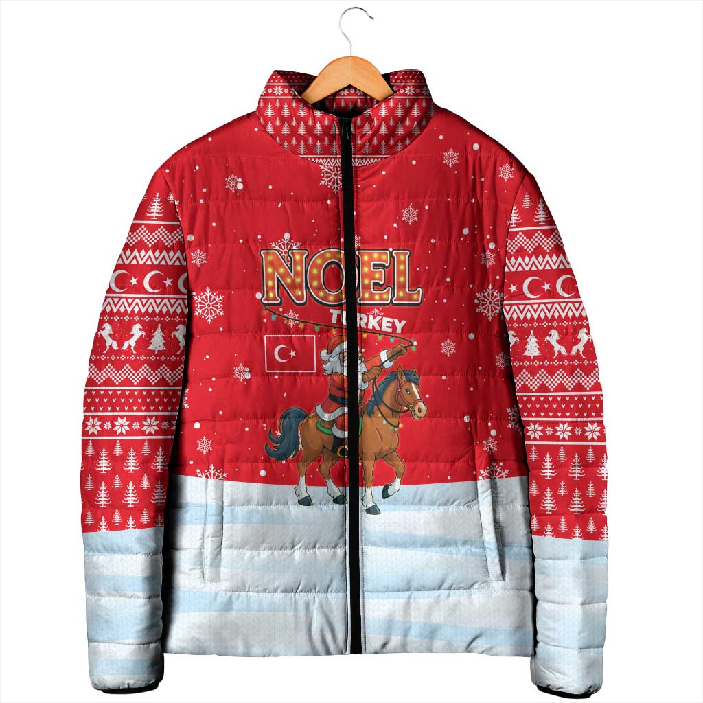 Turkey Christmas Padded Jacket with Santa on Horse Red Snowflake Pattern and Crescent Star - Wonder Print Shop