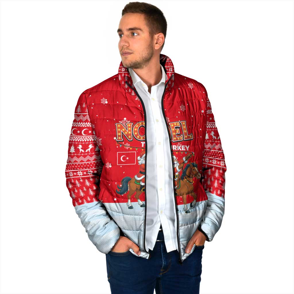 Turkey Christmas Padded Jacket with Santa on Horse Red Snowflake Pattern and Crescent Star - Wonder Print Shop