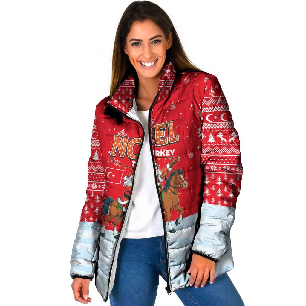 Turkey Christmas Padded Jacket with Santa on Horse Red Snowflake Pattern and Crescent Star - Wonder Print Shop