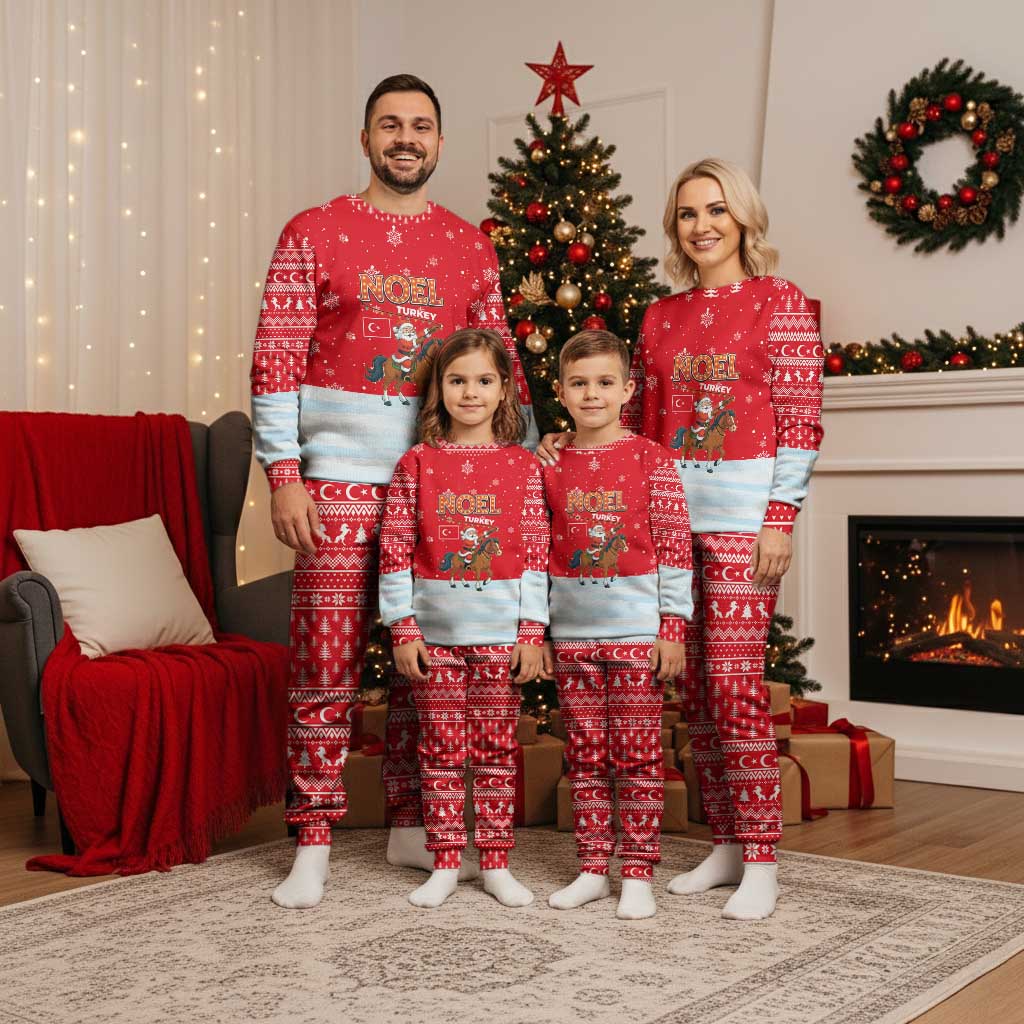 Turkey Christmas Pajama Set with Santa on Horse Red Snowflake Pattern and Crescent Star - Wonder Print Shop