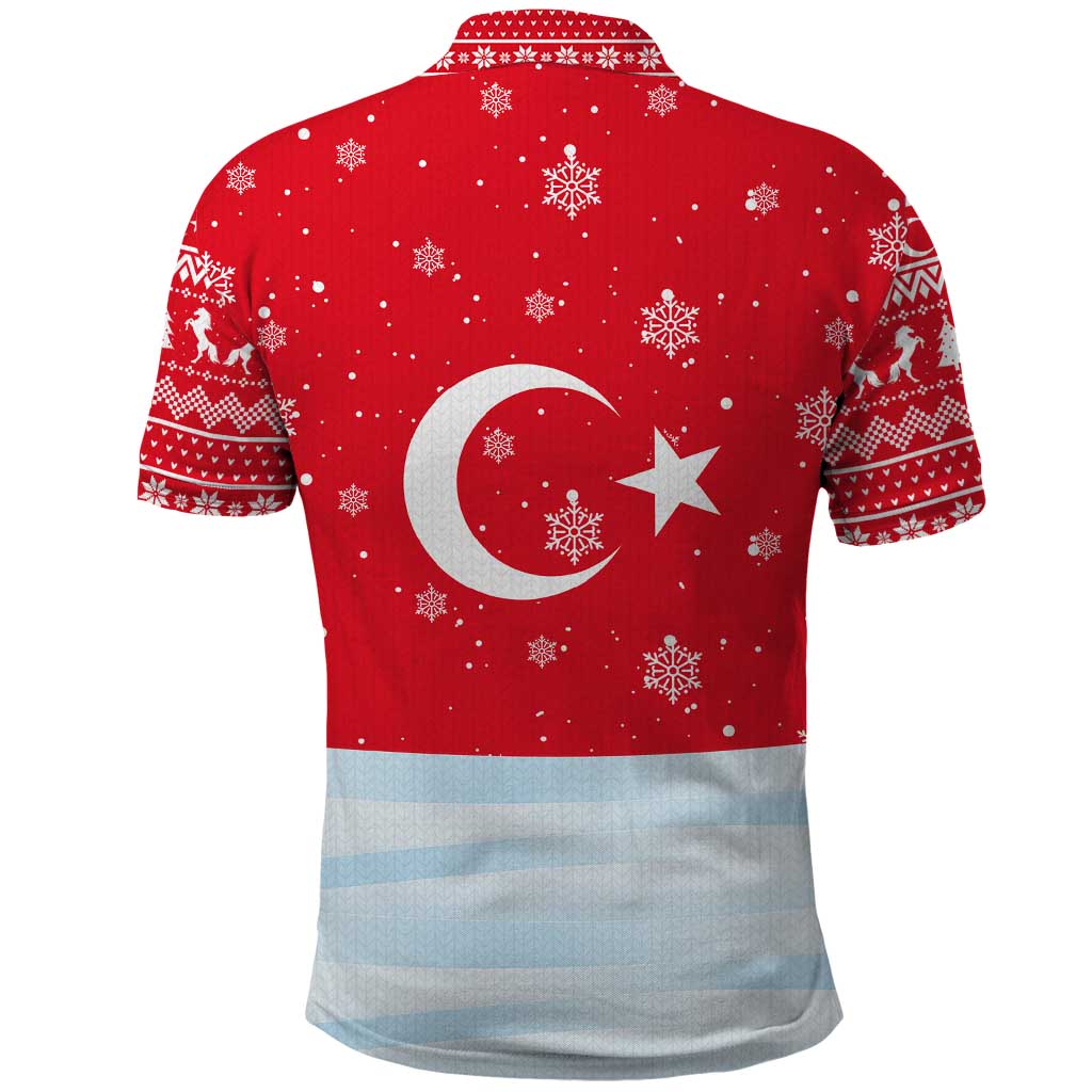 Turkey Christmas Polo Shirt with Santa on Horse Red Snowflake Pattern and Crescent Star - Wonder Print Shop