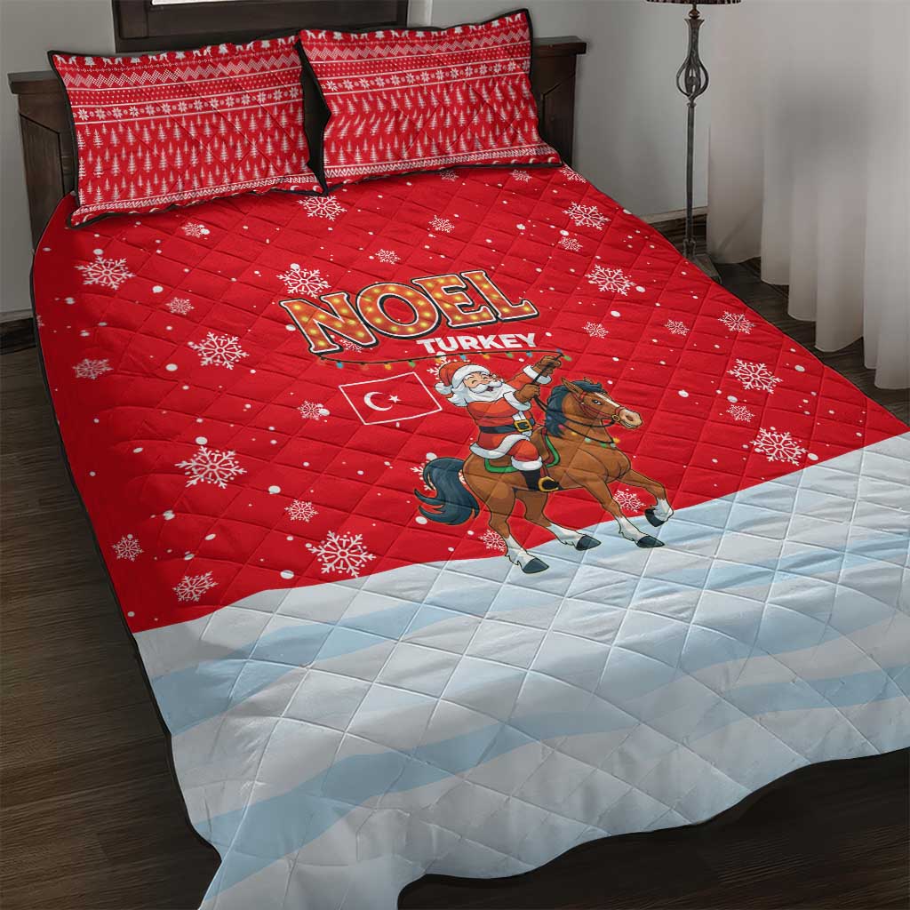 Turkey Christmas Quilt Bed Set with Santa on Horse Red Snowflake Pattern and Crescent Star - Wonder Print Shop