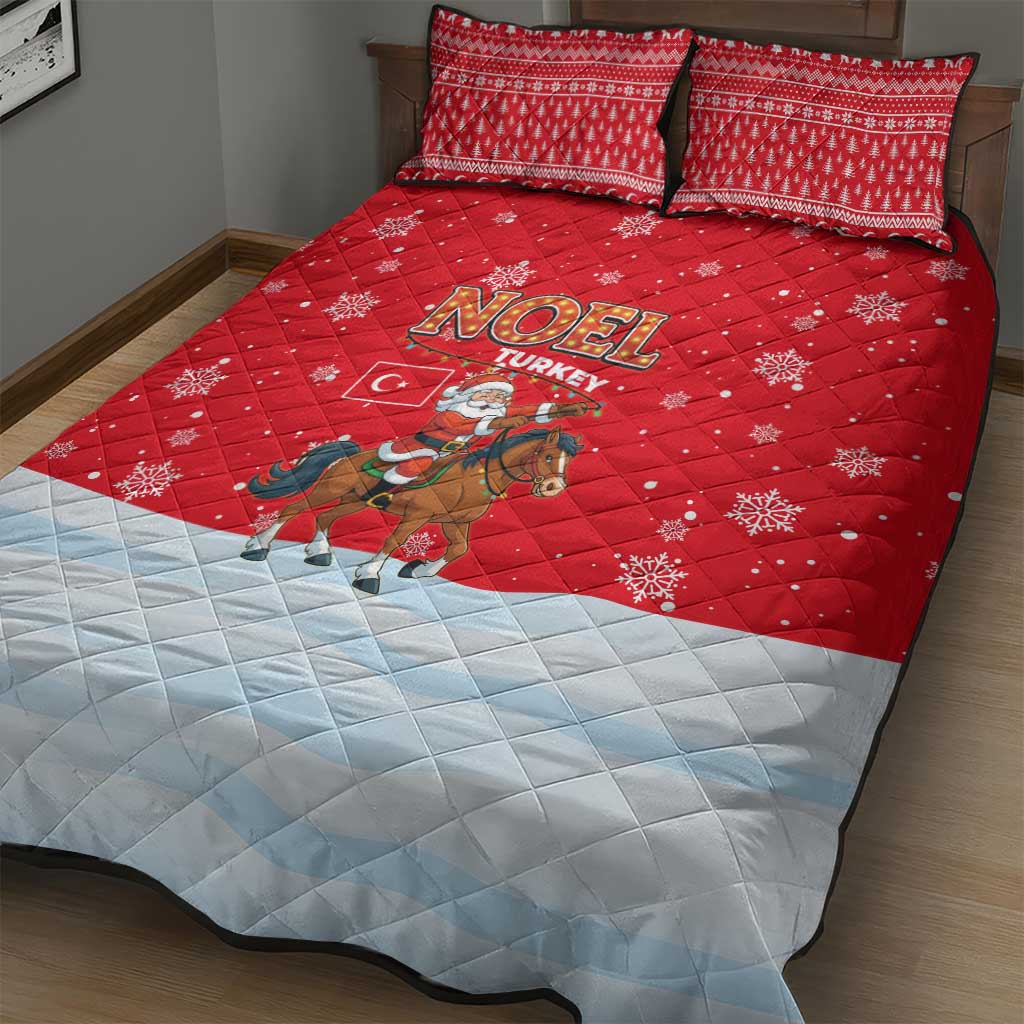 Turkey Christmas Quilt Bed Set with Santa on Horse Red Snowflake Pattern and Crescent Star - Wonder Print Shop