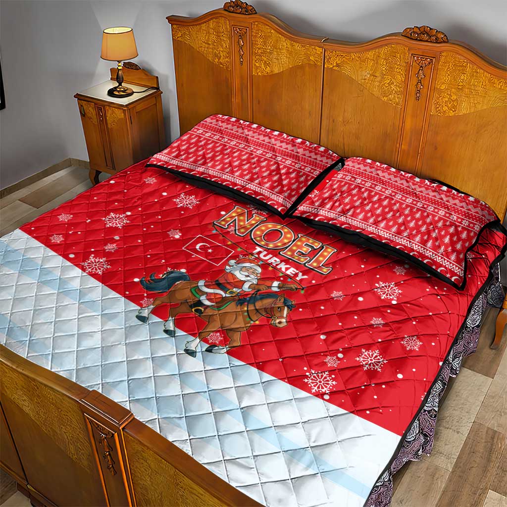 Turkey Christmas Quilt Bed Set with Santa on Horse Red Snowflake Pattern and Crescent Star - Wonder Print Shop