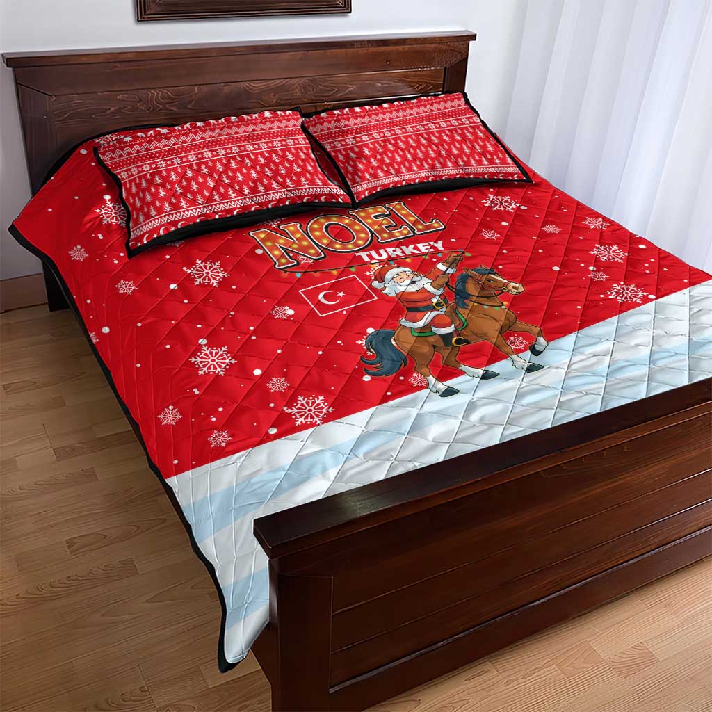 Turkey Christmas Quilt Bed Set with Santa on Horse Red Snowflake Pattern and Crescent Star - Wonder Print Shop