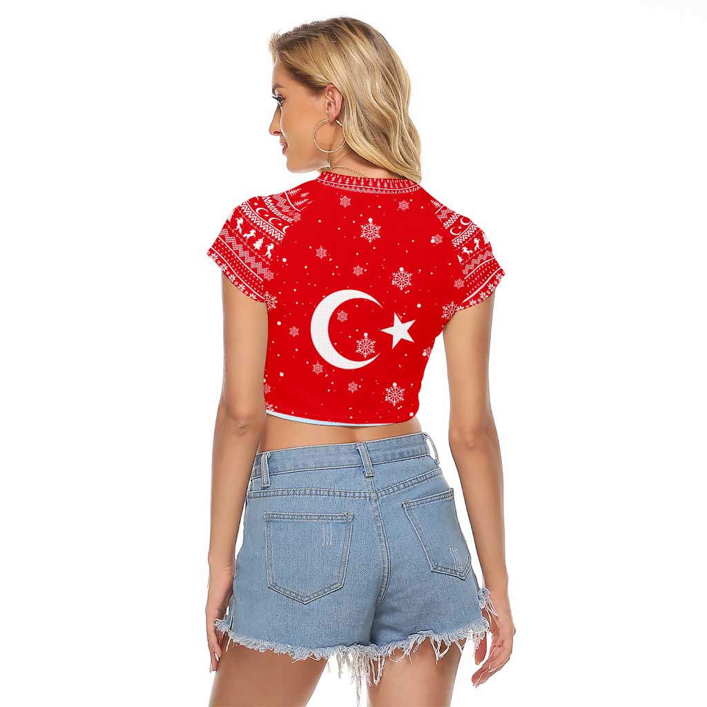 Turkey Christmas Raglan Cropped T Shirt with Santa on Horse Red Snowflake Pattern and Crescent Star - Wonder Print Shop