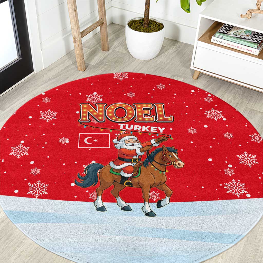 Turkey Christmas Round Carpet with Santa on Horse Red Snowflake Pattern and Crescent Star - Wonder Print Shop