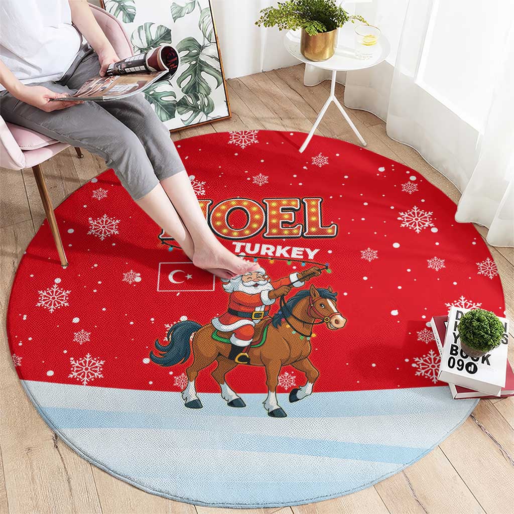 Turkey Christmas Round Carpet with Santa on Horse Red Snowflake Pattern and Crescent Star - Wonder Print Shop