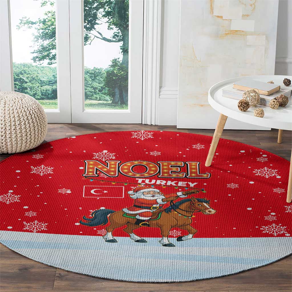 Turkey Christmas Round Carpet with Santa on Horse Red Snowflake Pattern and Crescent Star - Wonder Print Shop