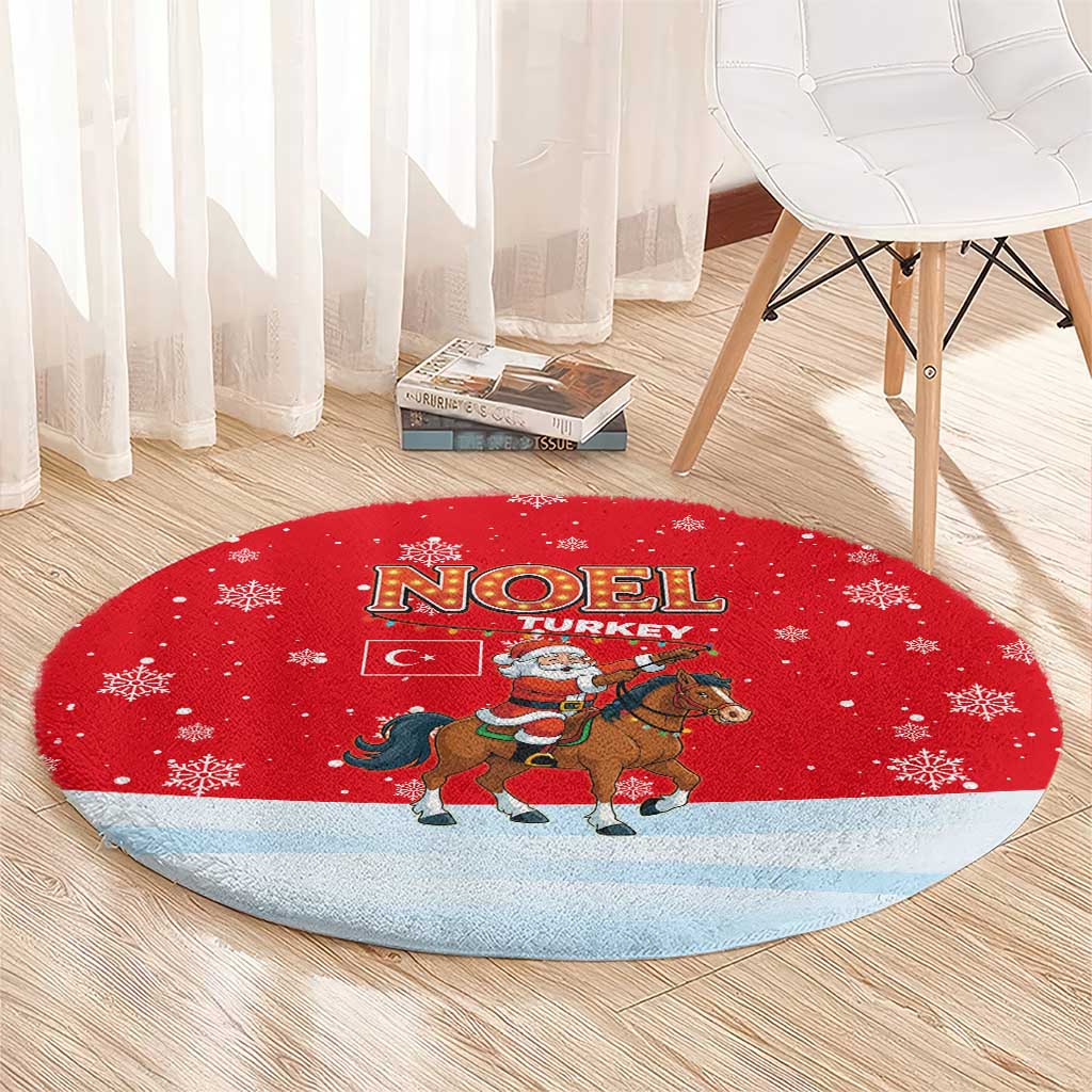 Turkey Christmas Round Carpet with Santa on Horse Red Snowflake Pattern and Crescent Star - Wonder Print Shop