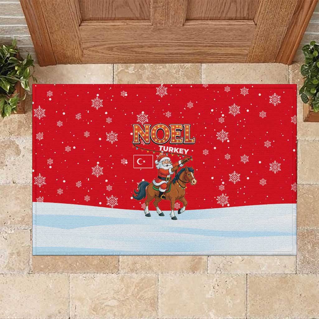 Turkey Christmas Rubber Doormat with Santa on Horse Red Snowflake Pattern and Crescent Star - Wonder Print Shop
