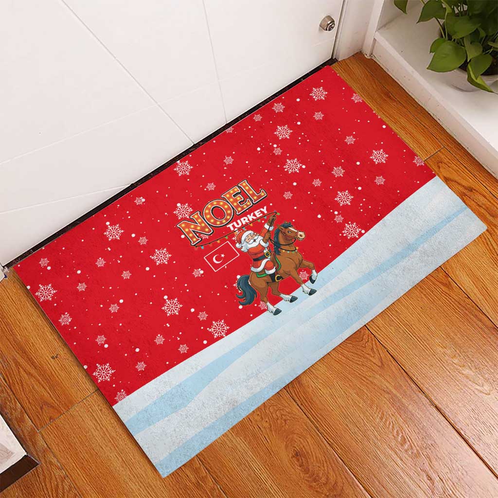 Turkey Christmas Rubber Doormat with Santa on Horse Red Snowflake Pattern and Crescent Star - Wonder Print Shop
