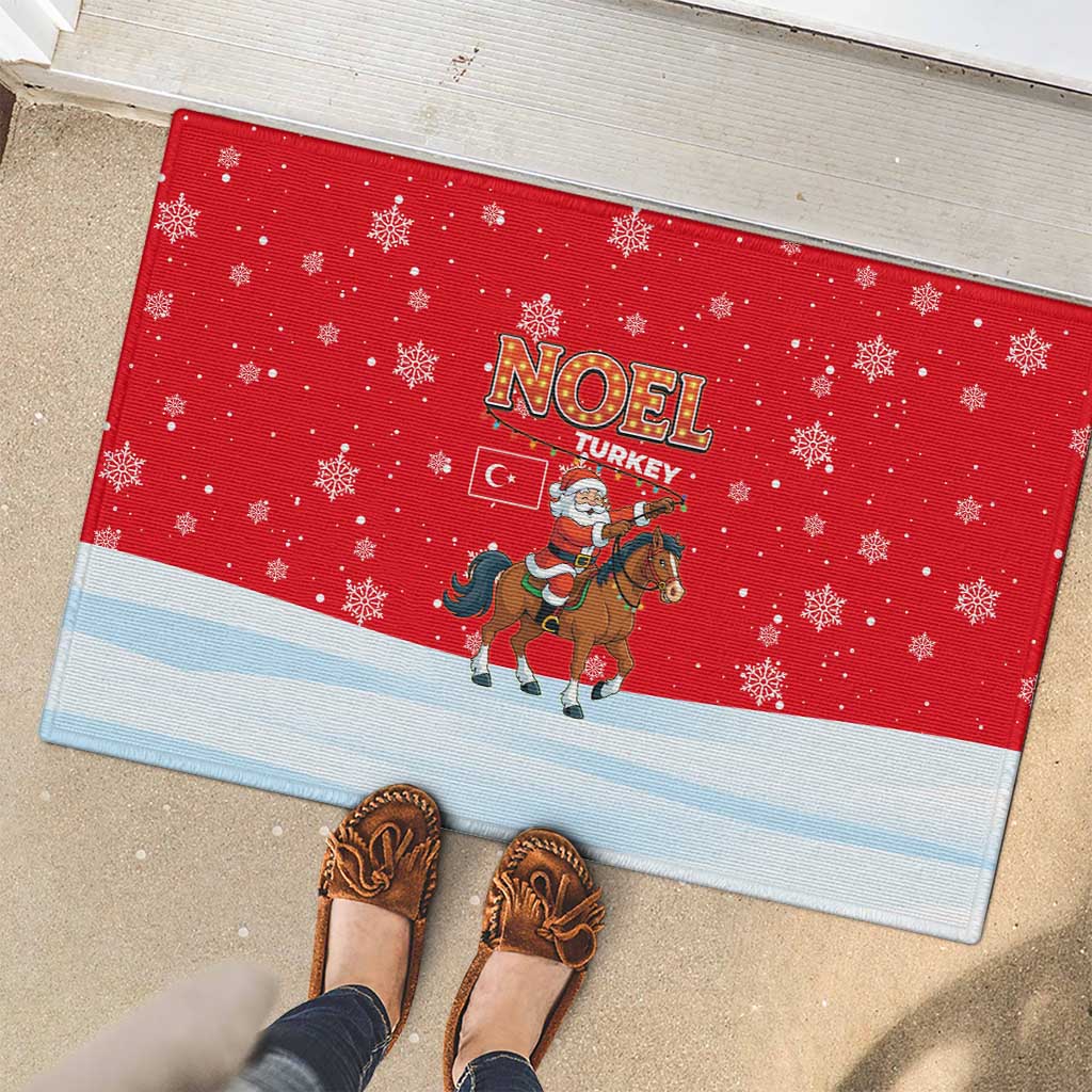 Turkey Christmas Rubber Doormat with Santa on Horse Red Snowflake Pattern and Crescent Star - Wonder Print Shop