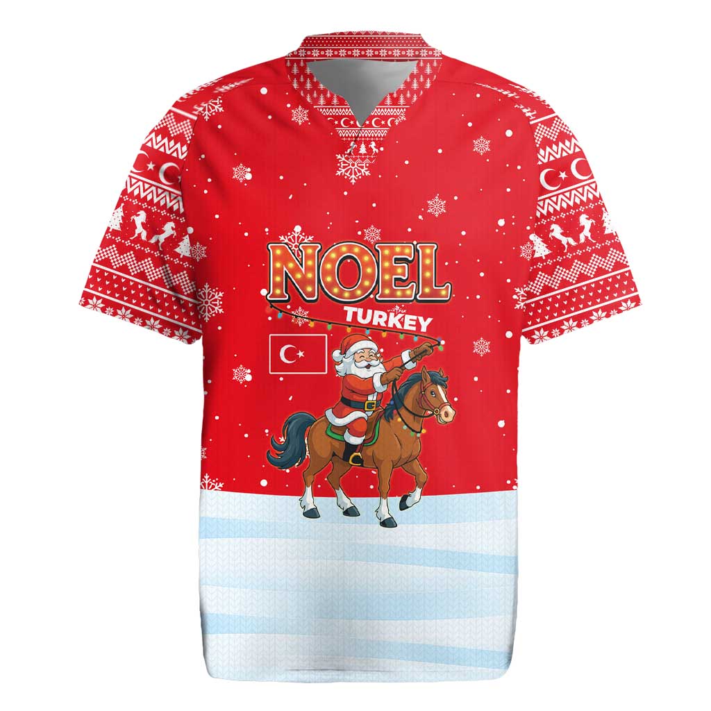 Turkey Christmas Rugby Jersey with Santa on Horse Red Snowflake Pattern and Crescent Star - Wonder Print Shop