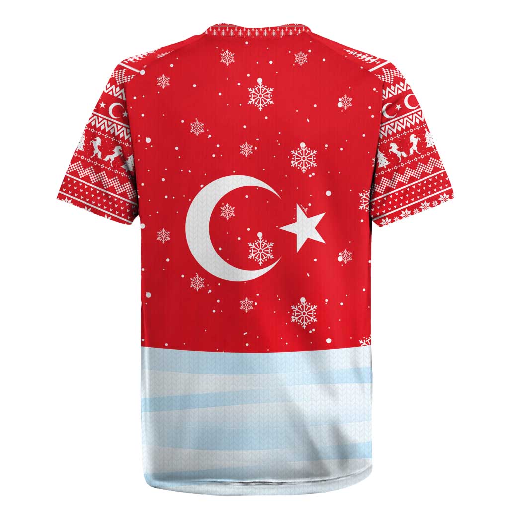Turkey Christmas Rugby Jersey with Santa on Horse Red Snowflake Pattern and Crescent Star - Wonder Print Shop