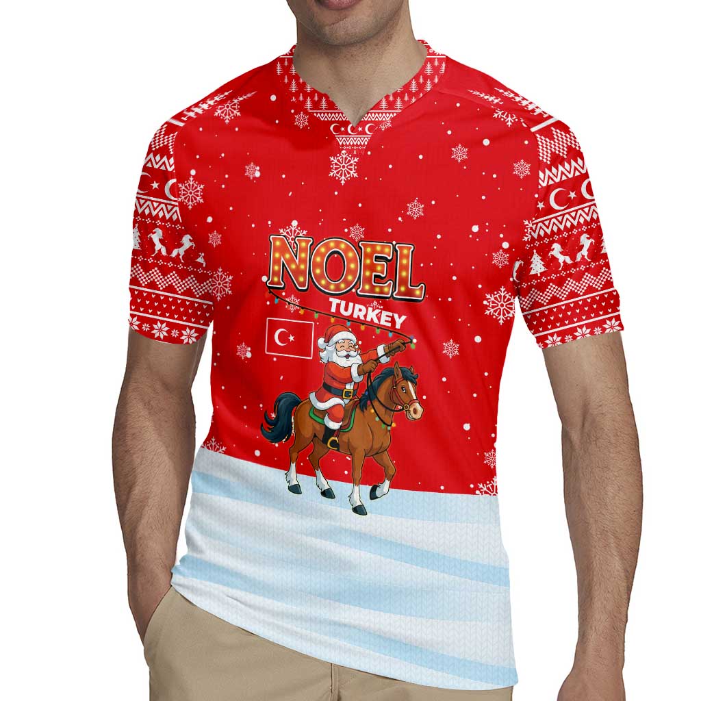 Turkey Christmas Rugby Jersey with Santa on Horse Red Snowflake Pattern and Crescent Star - Wonder Print Shop