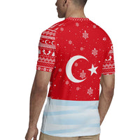Turkey Christmas Rugby Jersey with Santa on Horse Red Snowflake Pattern and Crescent Star - Wonder Print Shop