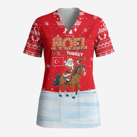 Turkey Christmas Scrub Top with Santa on Horse Red Snowflake Pattern and Crescent Star - Wonder Print Shop