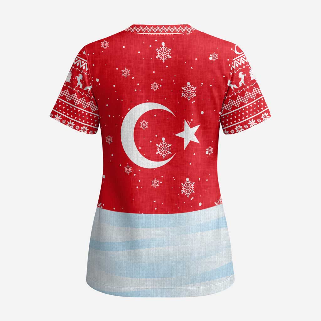 Turkey Christmas Scrub Top with Santa on Horse Red Snowflake Pattern and Crescent Star - Wonder Print Shop