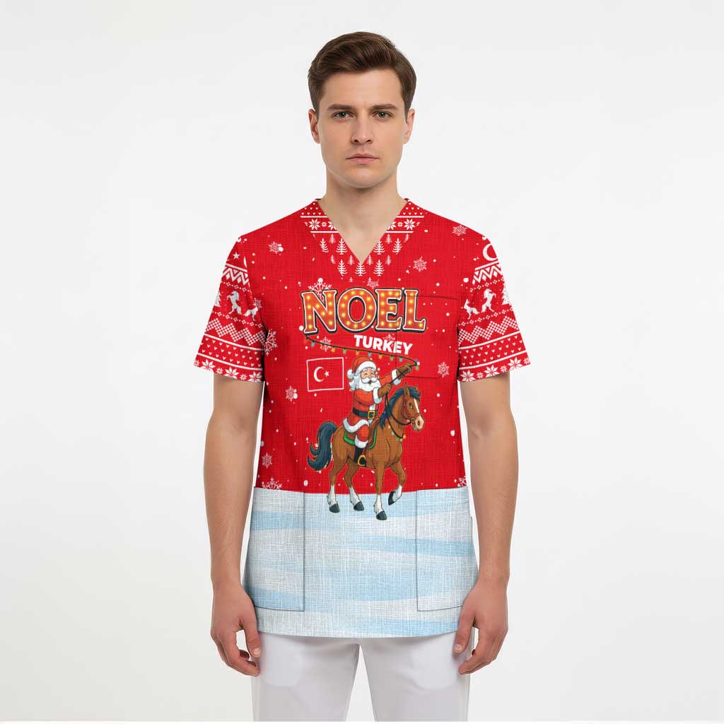 Turkey Christmas Scrub Top with Santa on Horse Red Snowflake Pattern and Crescent Star - Wonder Print Shop