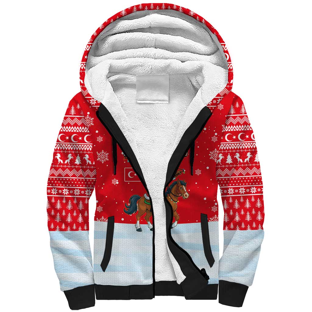 Turkey Christmas Sherpa Hoodie with Santa on Horse Red Snowflake Pattern and Crescent Star - Wonder Print Shop