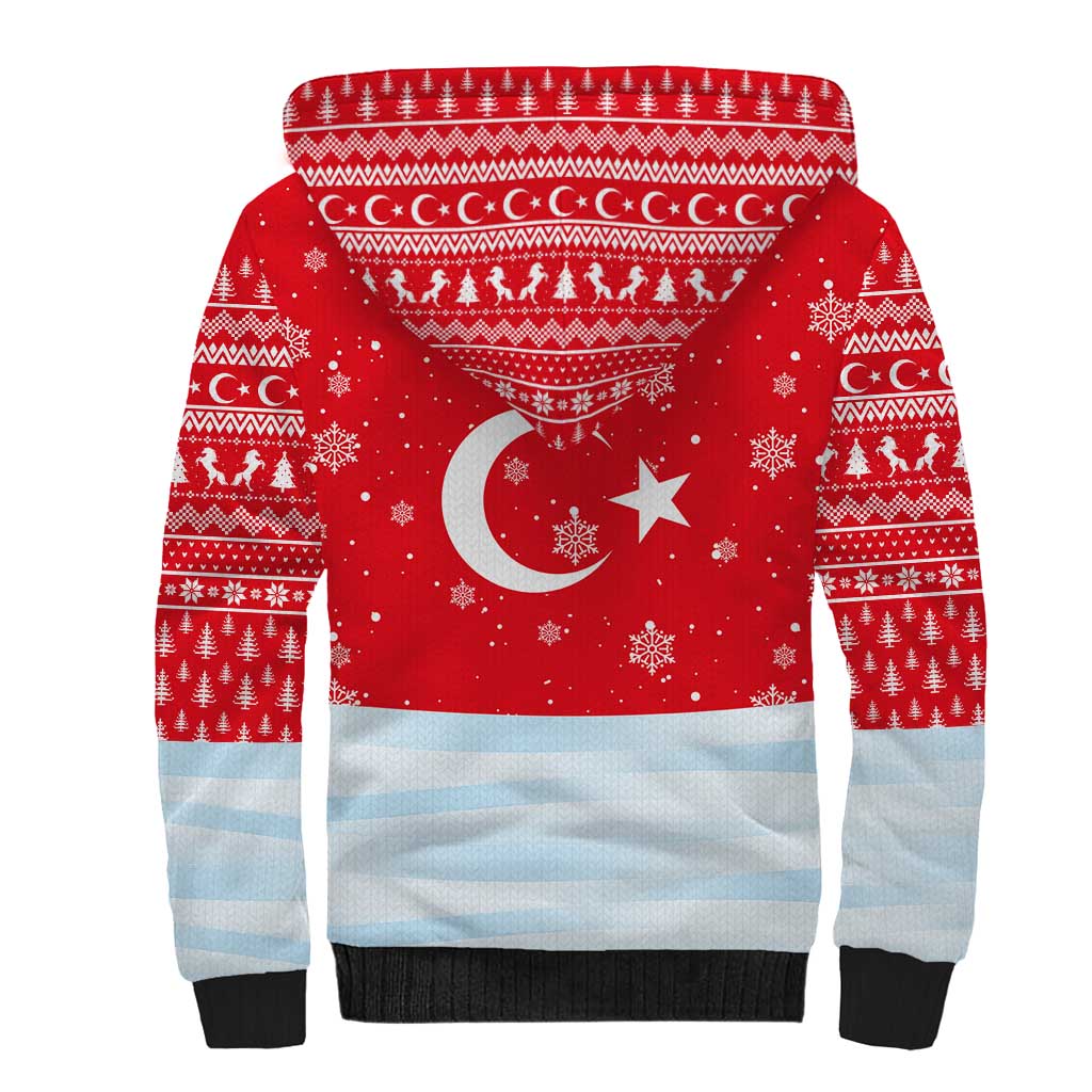 Turkey Christmas Sherpa Hoodie with Santa on Horse Red Snowflake Pattern and Crescent Star - Wonder Print Shop