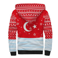Turkey Christmas Sherpa Hoodie with Santa on Horse Red Snowflake Pattern and Crescent Star - Wonder Print Shop