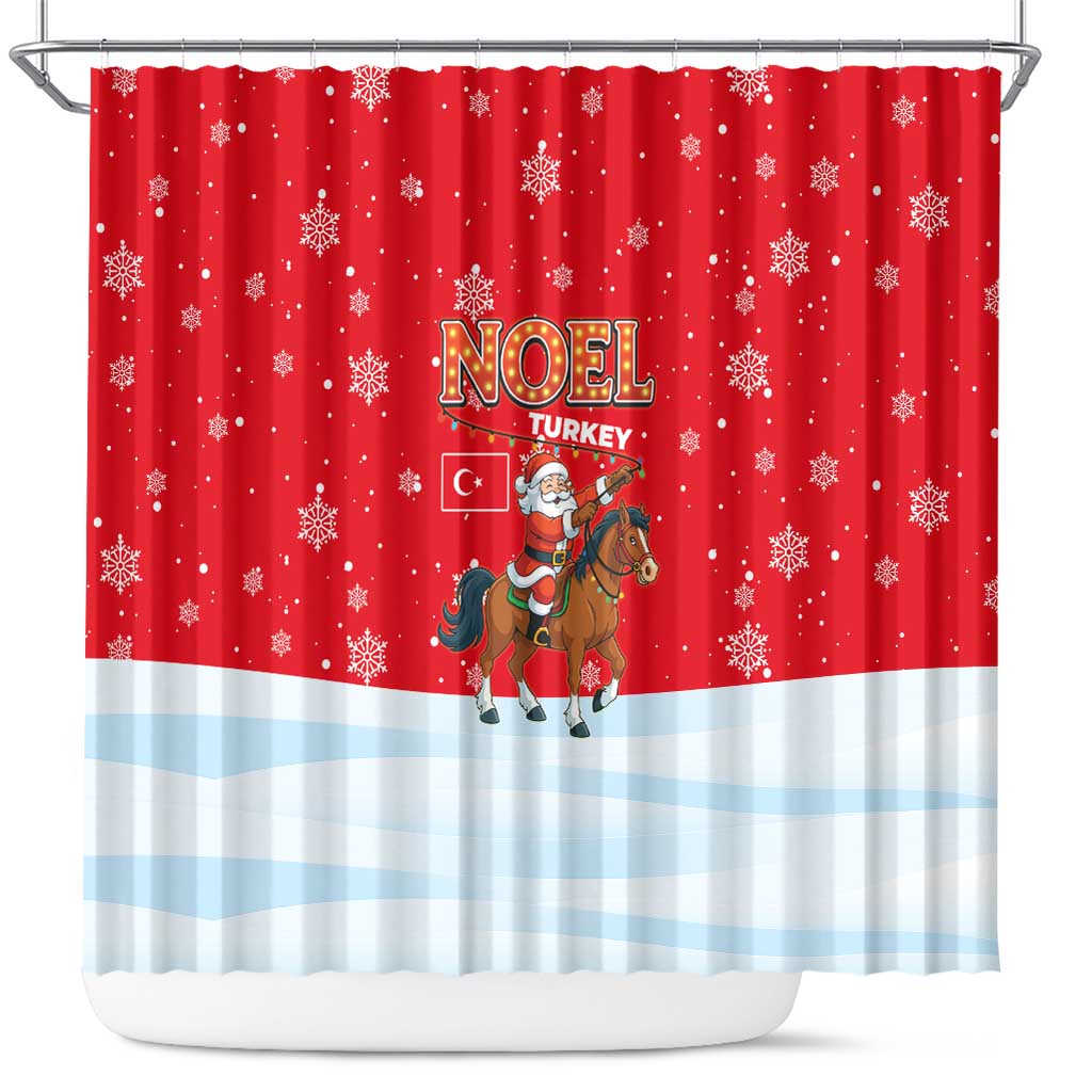 Turkey Christmas Shower Curtain with Santa on Horse Red Snowflake Pattern and Crescent Star - Wonder Print Shop