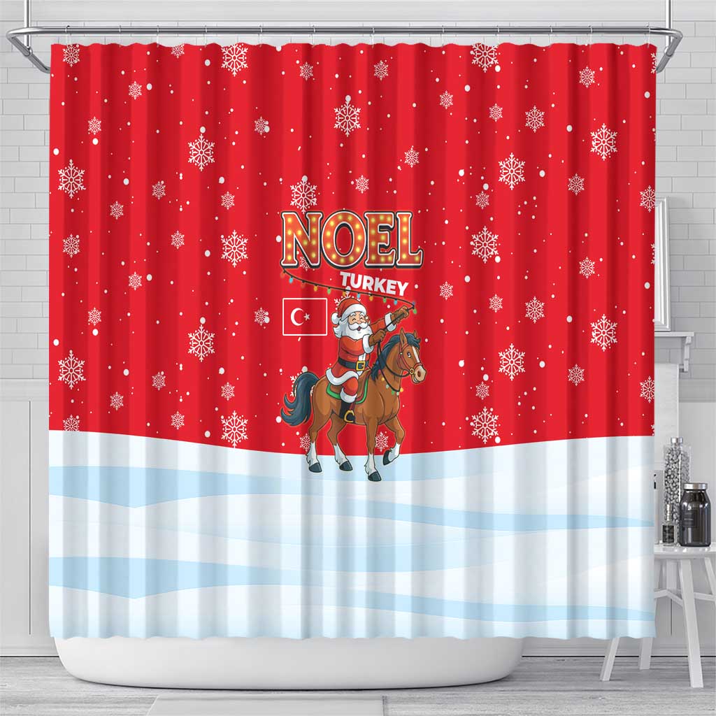 Turkey Christmas Shower Curtain with Santa on Horse Red Snowflake Pattern and Crescent Star - Wonder Print Shop