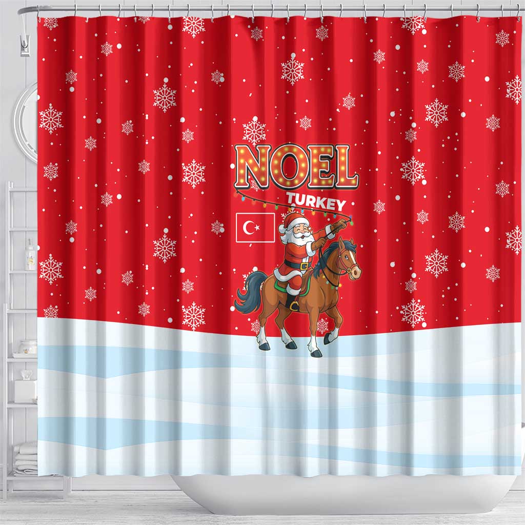 Turkey Christmas Shower Curtain with Santa on Horse Red Snowflake Pattern and Crescent Star - Wonder Print Shop