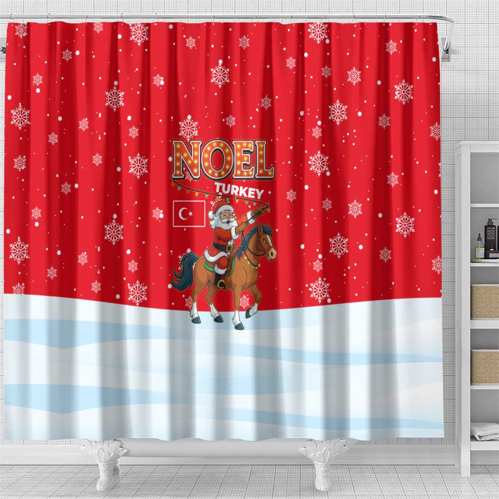 Turkey Christmas Shower Curtain with Santa on Horse Red Snowflake Pattern and Crescent Star - Wonder Print Shop