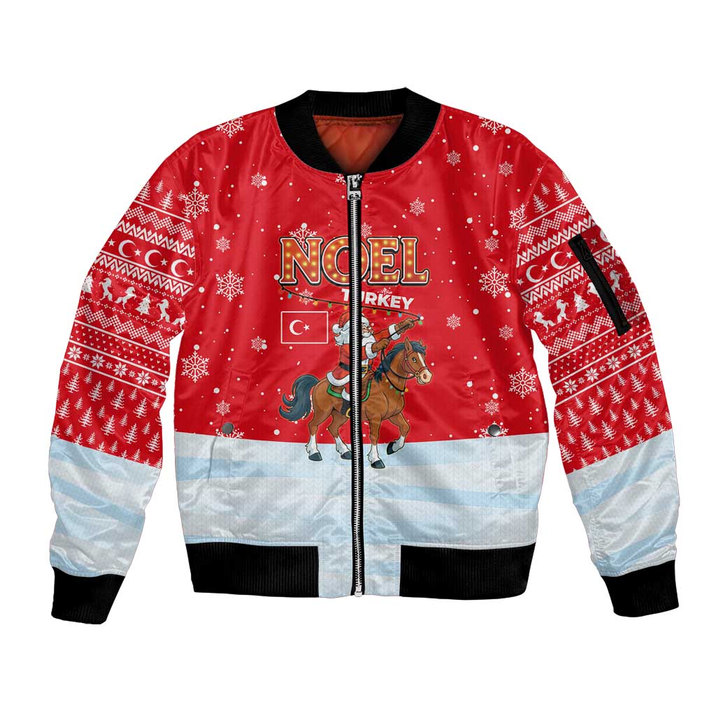 Turkey Christmas Sleeve Zip Bomber Jacket with Santa on Horse Red Snowflake Pattern and Crescent Star - Wonder Print Shop