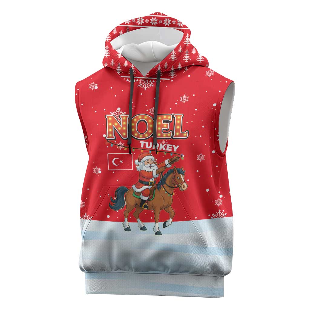Turkey Christmas Sleeveless Hoodie with Santa on Horse Red Snowflake Pattern and Crescent Star - Wonder Print Shop