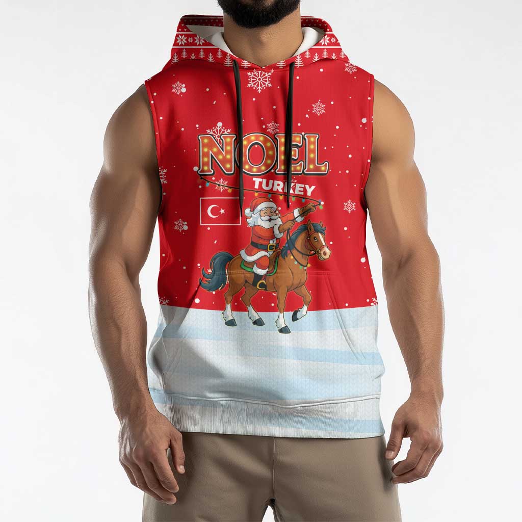 Turkey Christmas Sleeveless Hoodie with Santa on Horse Red Snowflake Pattern and Crescent Star - Wonder Print Shop
