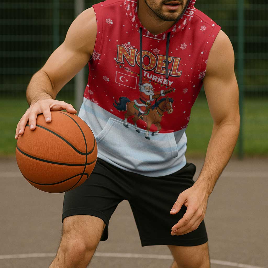 Turkey Christmas Sleeveless Hoodie with Santa on Horse Red Snowflake Pattern and Crescent Star - Wonder Print Shop