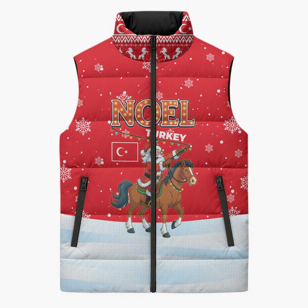 Turkey Christmas Sleeveless Puffer Jacket with Santa on Horse Red Snowflake Pattern and Crescent Star - Wonder Print Shop