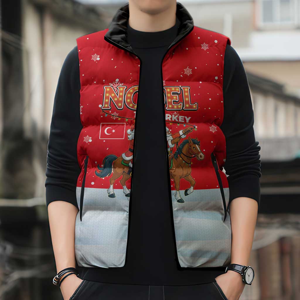 Turkey Christmas Sleeveless Puffer Jacket with Santa on Horse Red Snowflake Pattern and Crescent Star - Wonder Print Shop