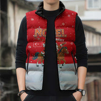Turkey Christmas Sleeveless Puffer Jacket with Santa on Horse Red Snowflake Pattern and Crescent Star - Wonder Print Shop