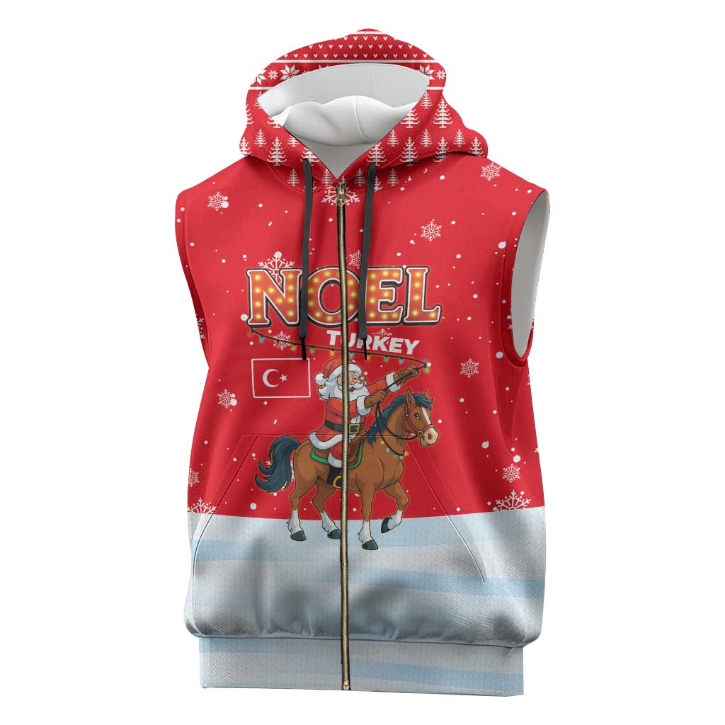 Turkey Christmas Sleeveless Zip Hoodie with Santa on Horse Red Snowflake Pattern and Crescent Star - Wonder Print Shop
