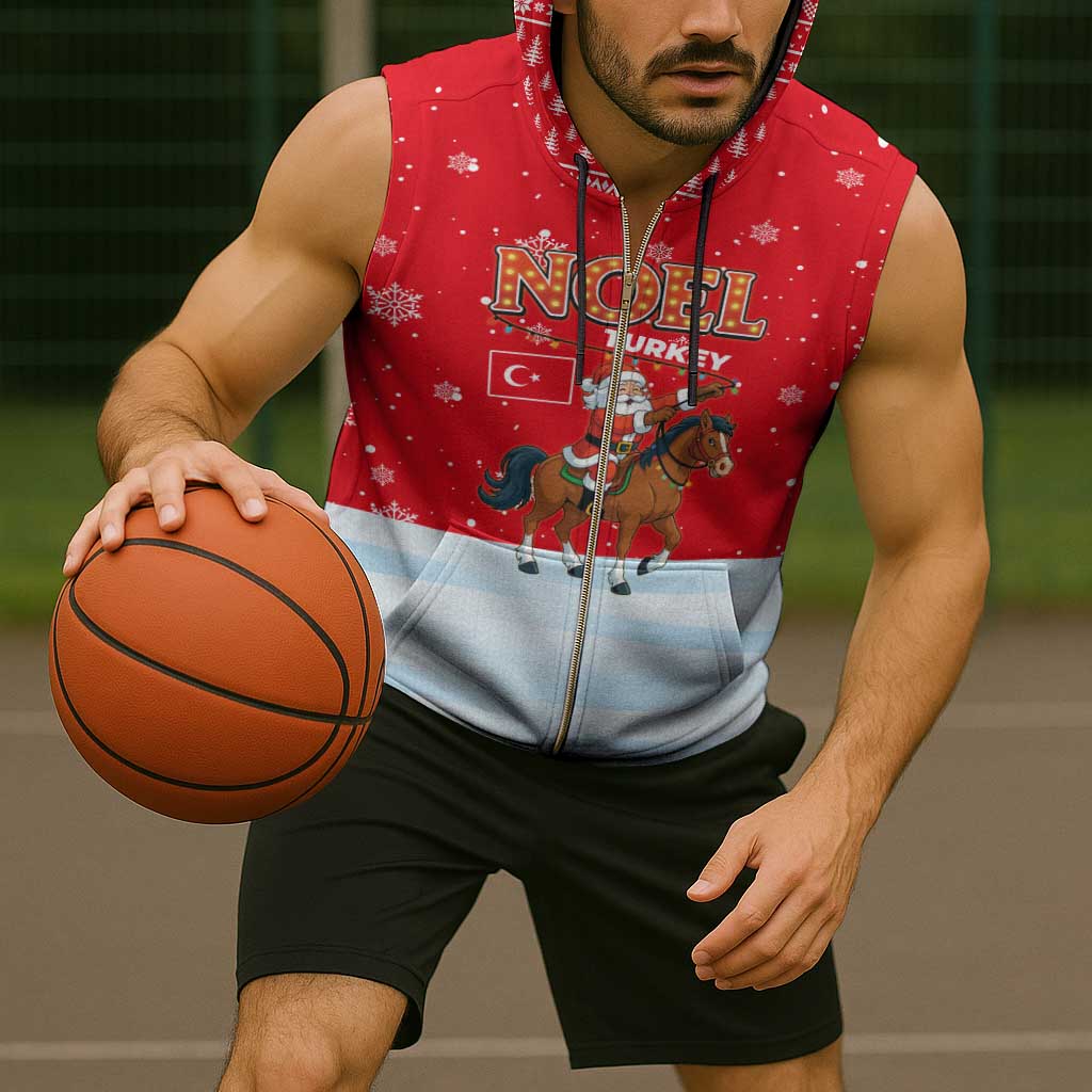 Turkey Christmas Sleeveless Zip Hoodie with Santa on Horse Red Snowflake Pattern and Crescent Star - Wonder Print Shop