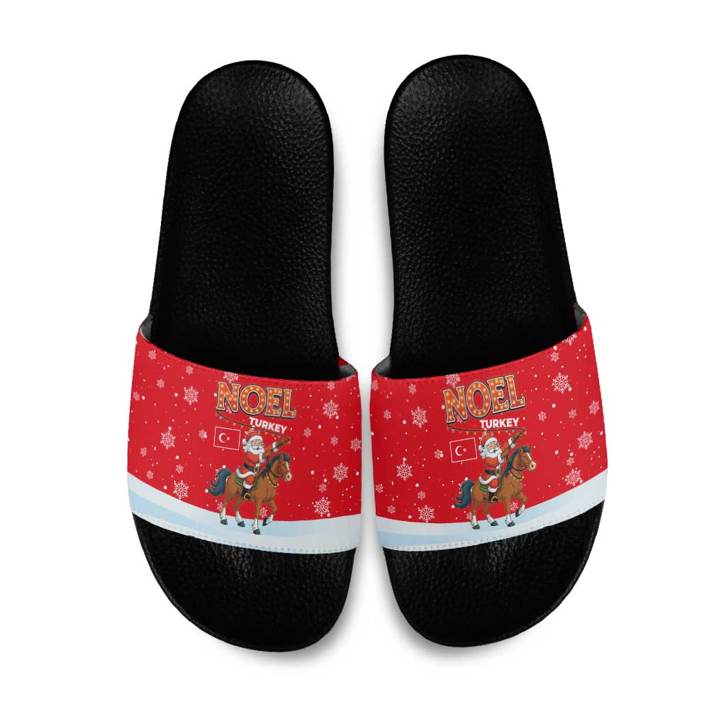 Turkey Christmas Slide Sandals with Santa on Horse Red Snowflake Pattern and Crescent Star - Wonder Print Shop