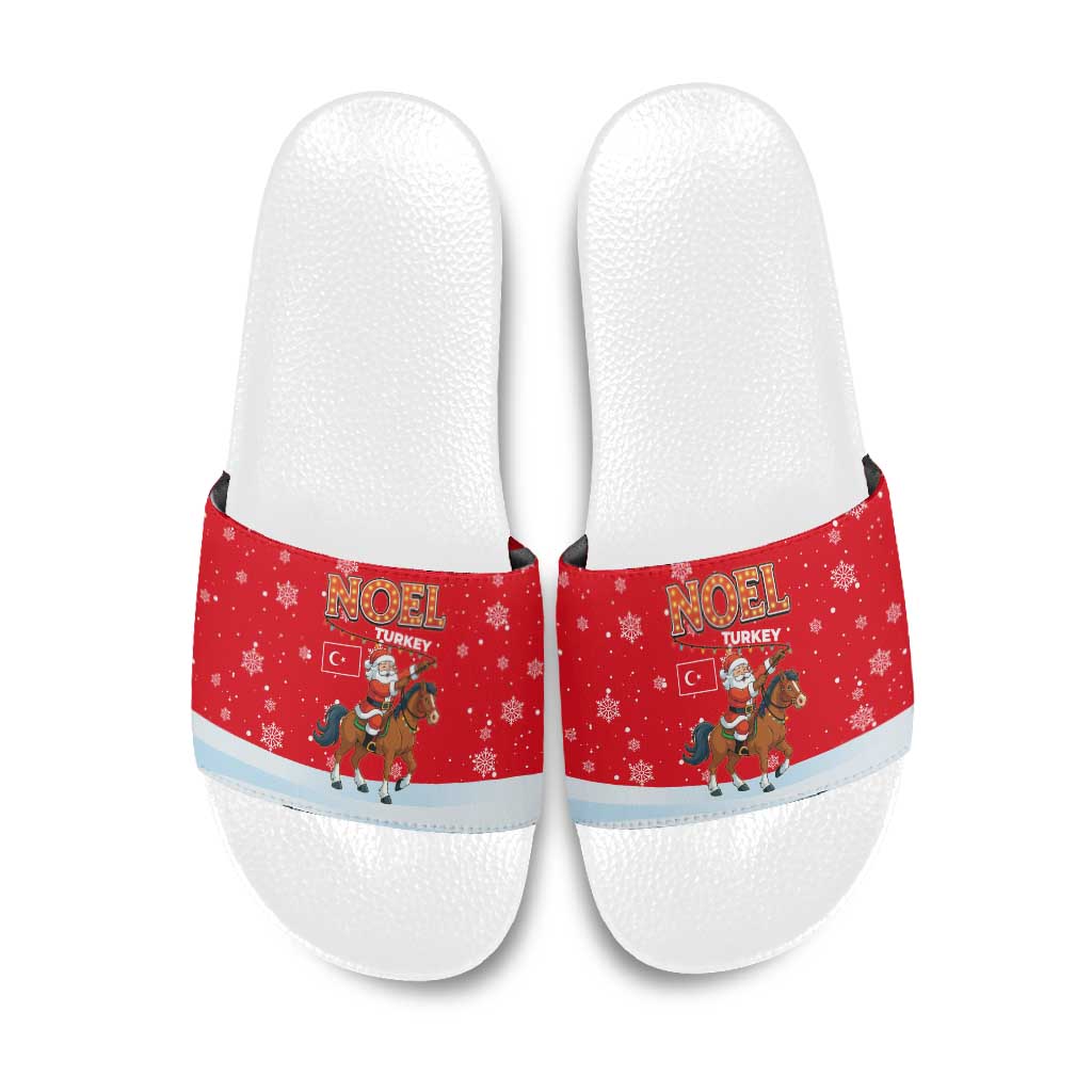 Turkey Christmas Slide Sandals with Santa on Horse Red Snowflake Pattern and Crescent Star - Wonder Print Shop